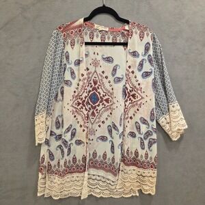 Jolt Sheer‎ Cardigan Duster Women's Medium Boho Paisley Crochet Trimmed